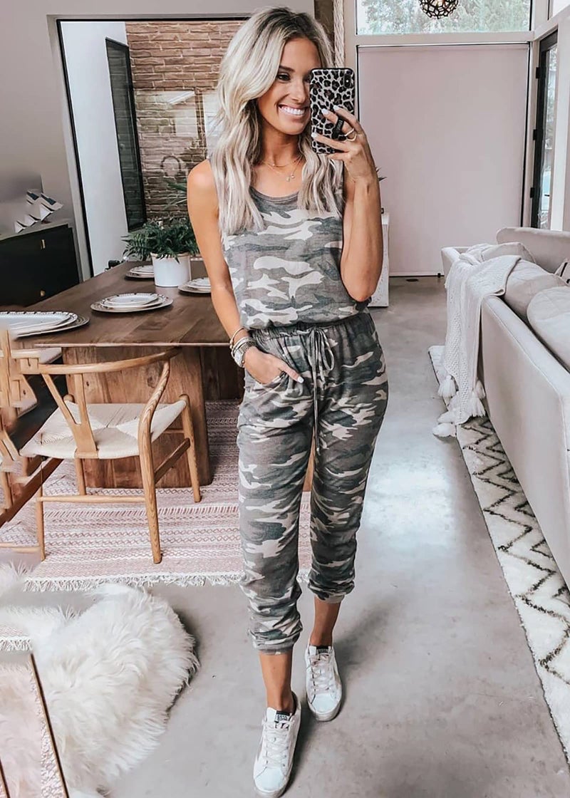 KIRUNDO Women 2026 Summer Jumpsuits Casual Sleeveless Drawstring Elastic Waist Romper Vacation Cruise Airport Travel Outfits(Small, Camouflage) - Image 3